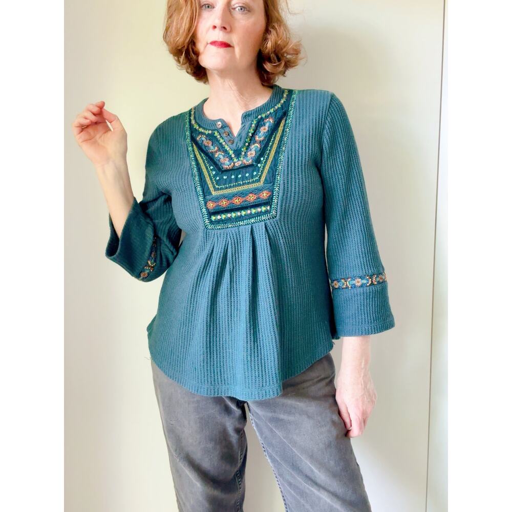 Soft Surroundings Womens Thermal Boho Top Size M Teal Embellished Hippie - Picture 10 of 11